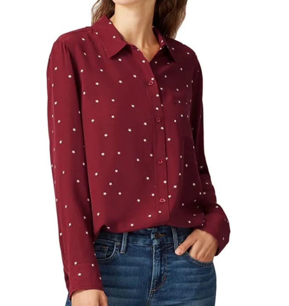Rails Kate Blouse Burgundy Merlot Star Print Button Up Small Blouse Shirt Top